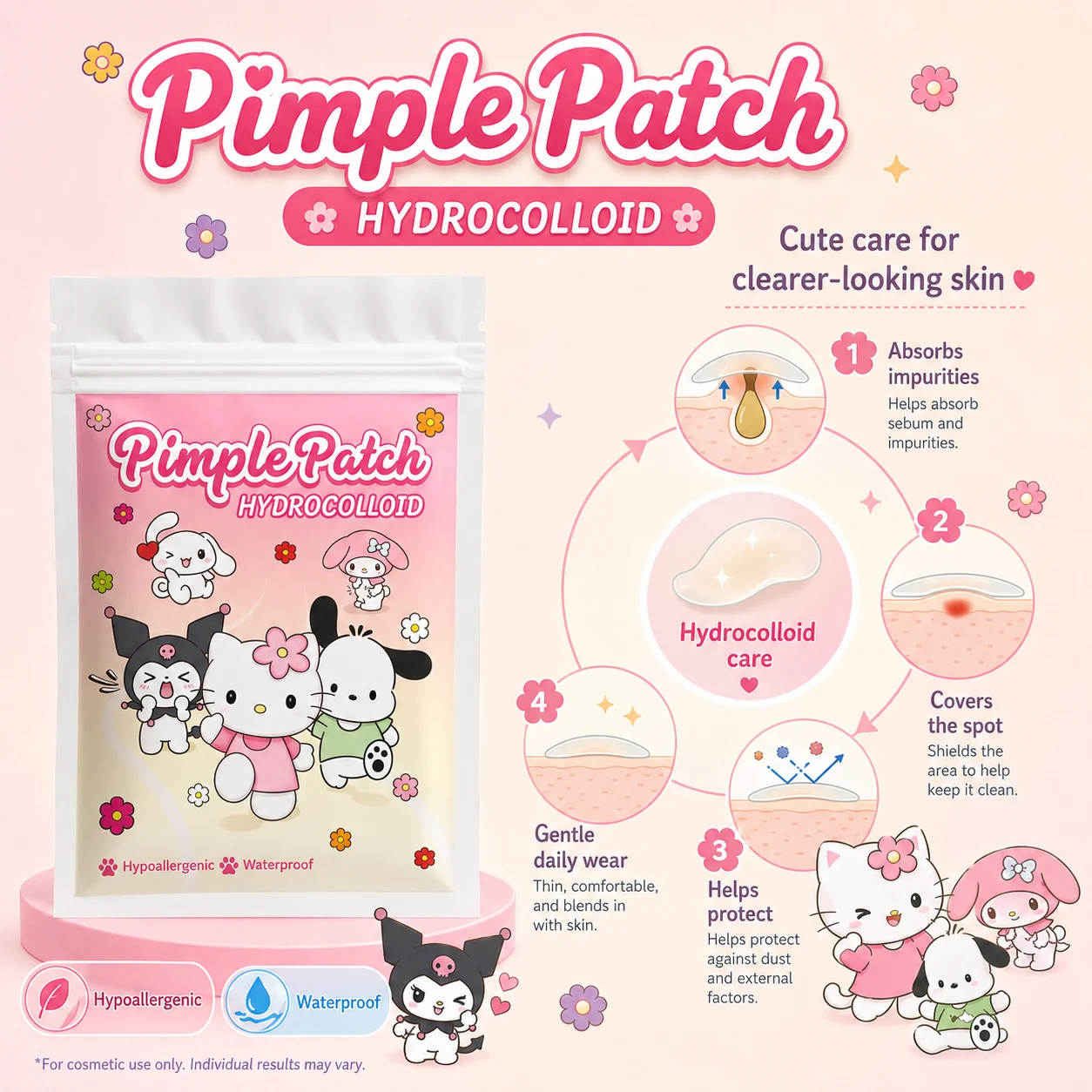 Hello Kitty Cute Pimple Patches, 100pcs Hydrocolloid Acne Spot Covers, 25 Fun Designs, Gentle, Waterproof, Skin-Friendly