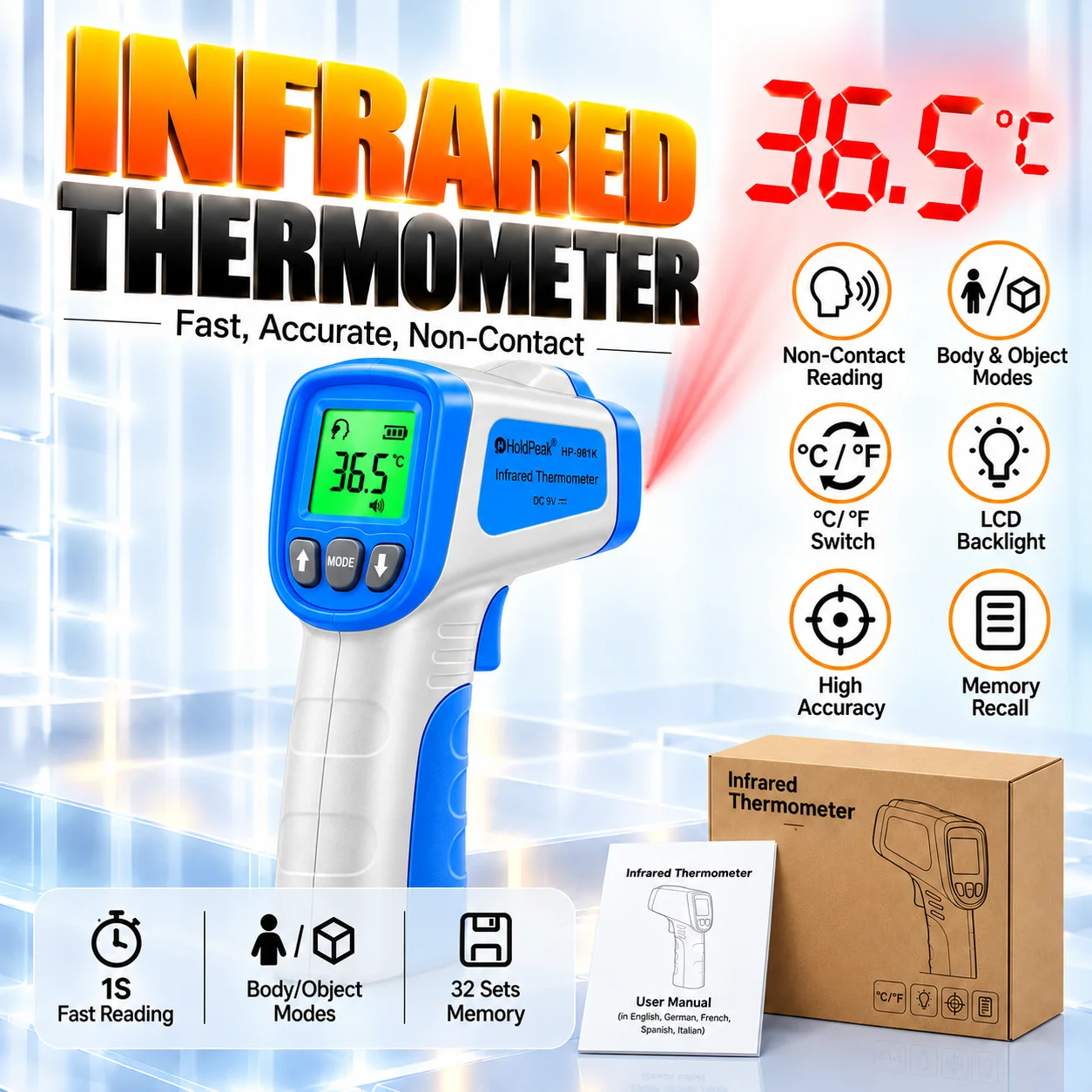 HoldPeak HP-981K-APP Infrared Forehead Thermometer Non-contact Design 32 Records Backlight High Temp Alarm Auto Shut Off