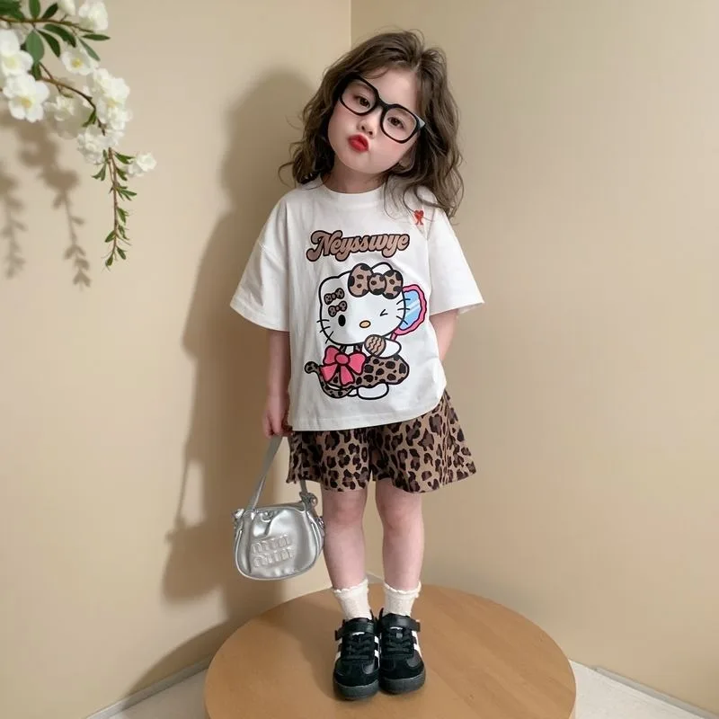 Hello Kitty Anime Kawaii Sanrio Ins Fashion Cotton Short-sleeved Shirt 2025 Summer New Cute Children Fashionable Top Clothes Toy