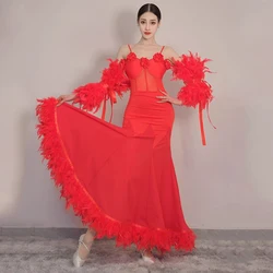 Red Feather Ballroom Dance Competition Dress Women Adult Dance Clothes Social Waltz Dance Performance Costume Prom Dress BL11291