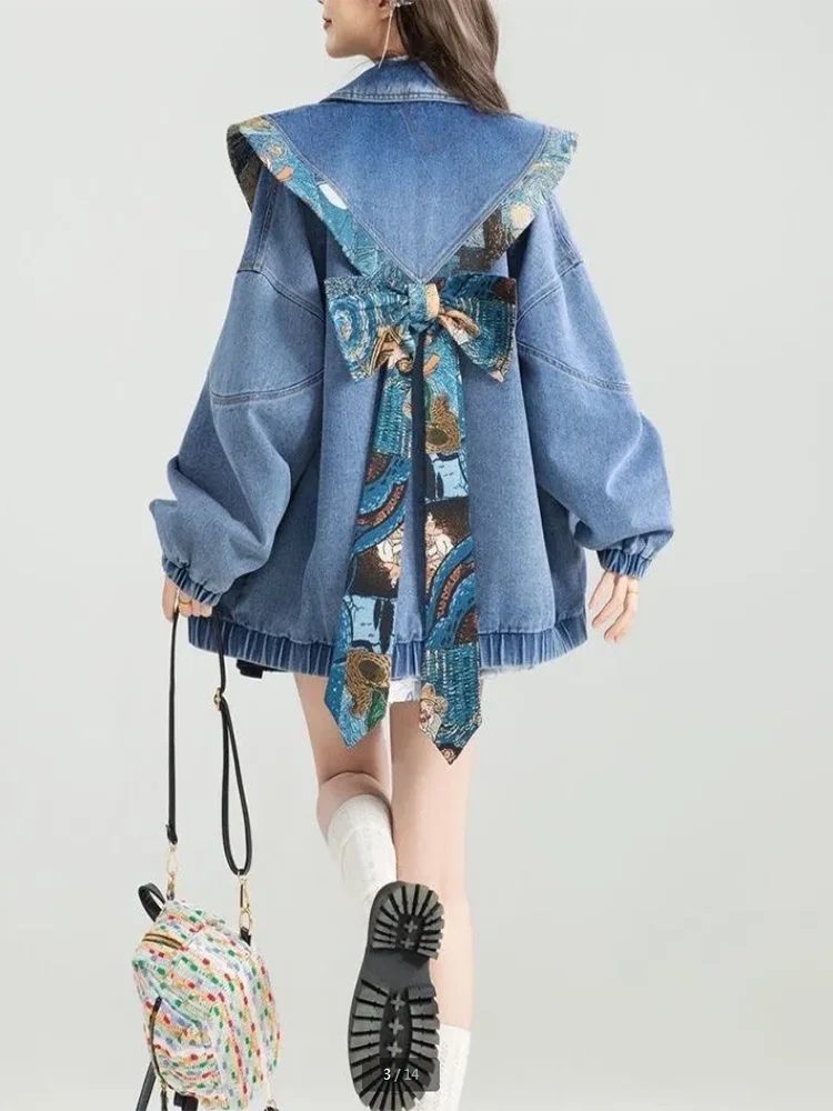 Jaqueta jeans vintage outwear feminina 2025 primavera outono nova moda design artístico jacquard arco jeans jaqueta solta topos