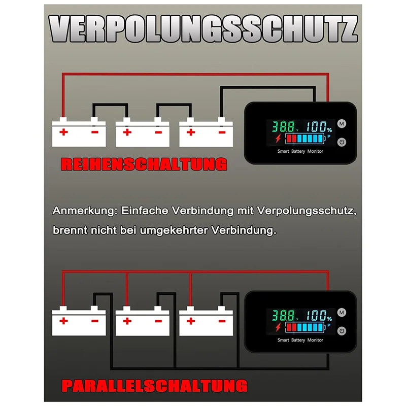 ABNM IPX7 Wasserdichter Batteriemonitor mit Halterung 7–100 V, Auto, Motorrad, Golfwagen, Batteriemessgerät, Summer, Alarm und Temperatur