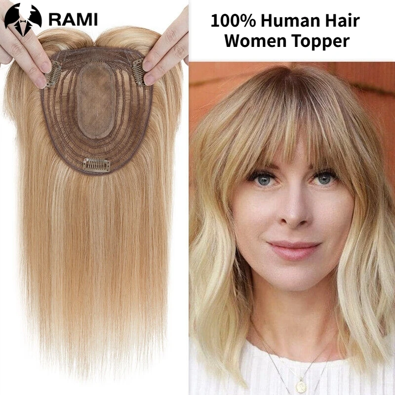 Topper de cabelo natural com franja para mulheres, acessórios para cabelo humano, grampos retos, postiços para senhora