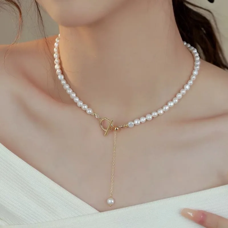

Minar Dainty Natural Freshwater Pearl Beaded Necklace for Women 14K Real Gold Plated Copper Chain Toggle Clasp Circle Chokers