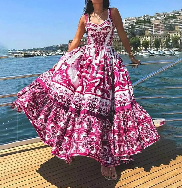 Novedad de verano, vestido sin mangas estampado a la moda para mujer, ropa de calle, vestidos plisados elegantes con cuello Halter, ropa femenina