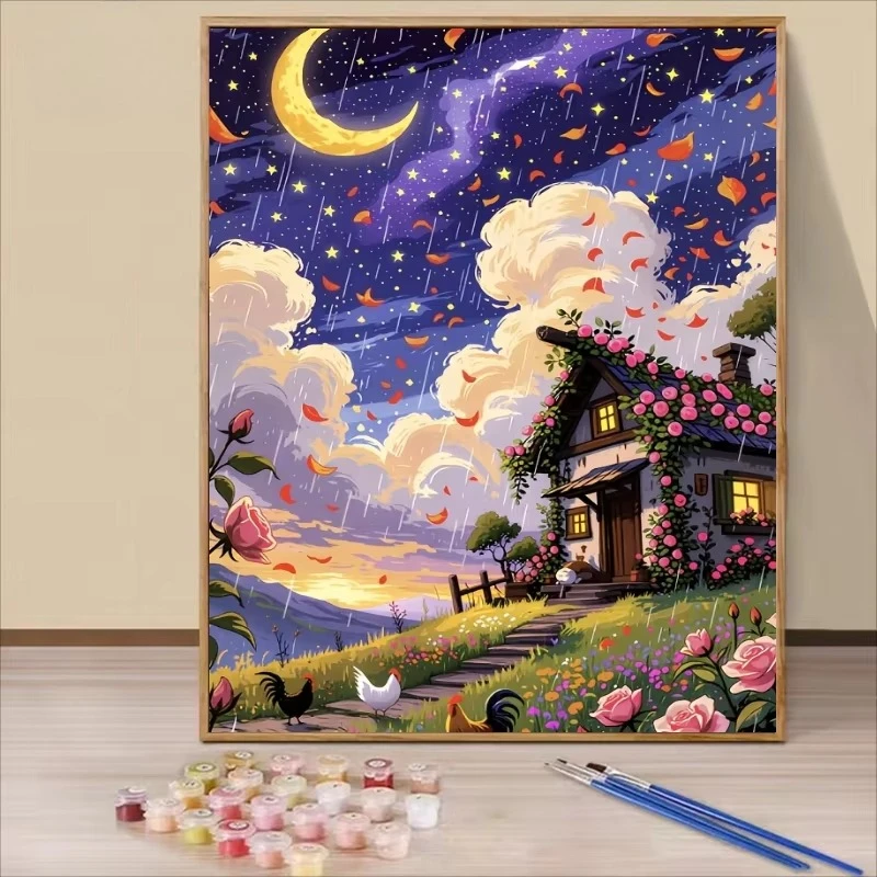 Moonlight Country Cottage Oil Painting By Numbers Frameless Floral House Star Sky Landscape Canvas Decor Frameless
