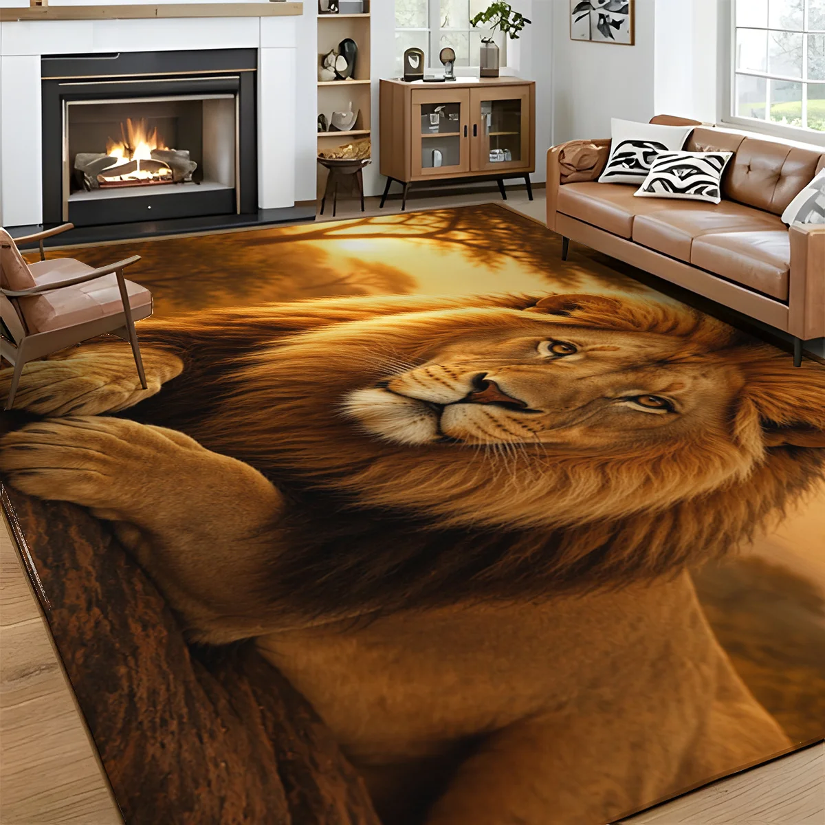 1‑Piece Large Realistic African Wildlife Lion Print Rug, Machine Washable Modern Jumbo Home Decor, Irregular Rectangle Floor Mat