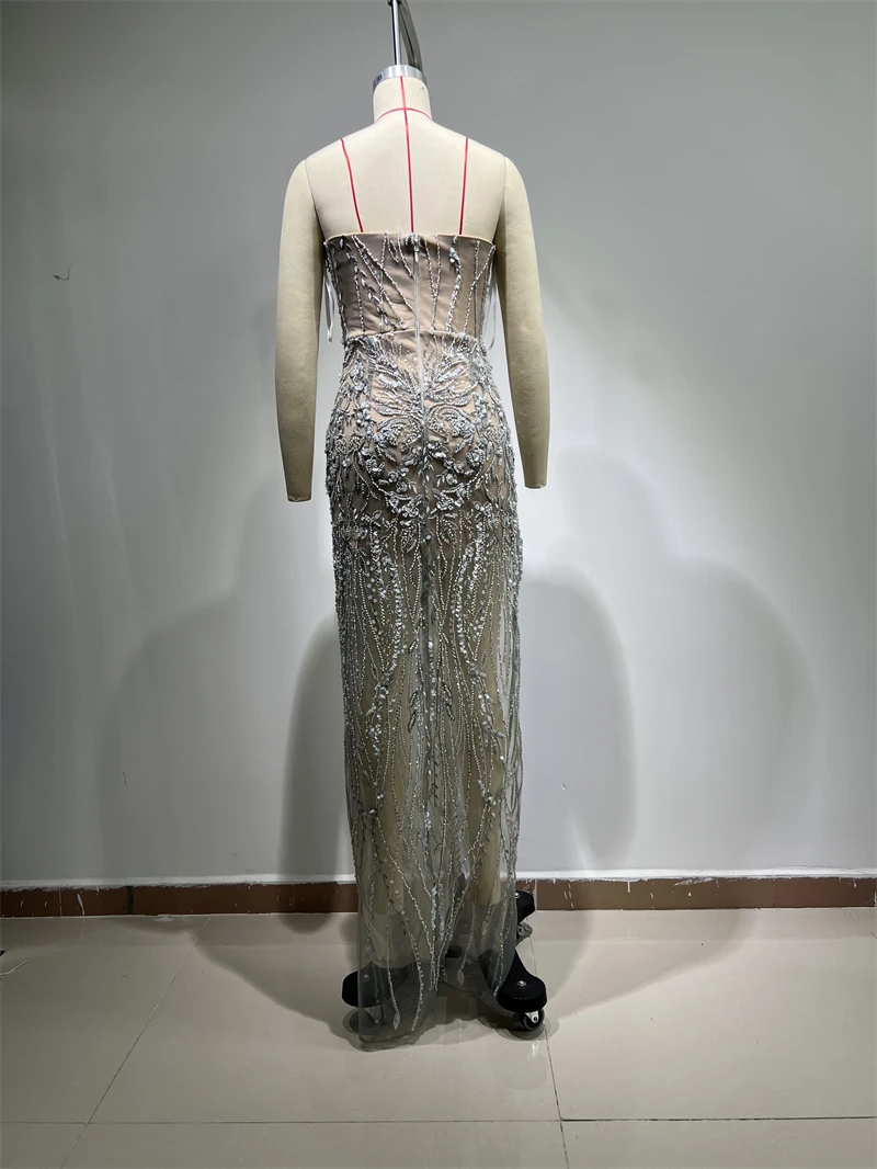 Vestido de lujo con cuentas de diamantes, traje Sexy con abertura alta, cuello en V sin tirantes, longitud hasta el tobillo, vestido de diosa, traje de fiesta de noche de celebridades