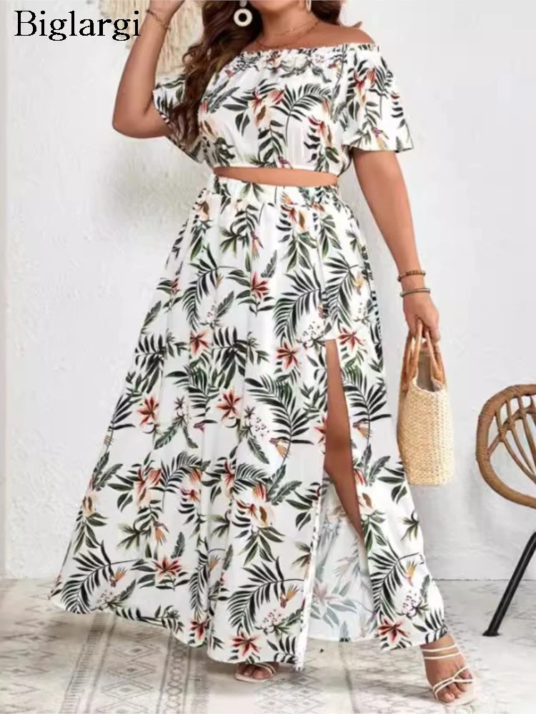 Plus Size Zomer 2 Tweedelige Set Vrouwen Off Shoulder Sexy Dames Cropped Blouses Onregelmatige Split Modis Ruche Geplooide Vrouw Rok