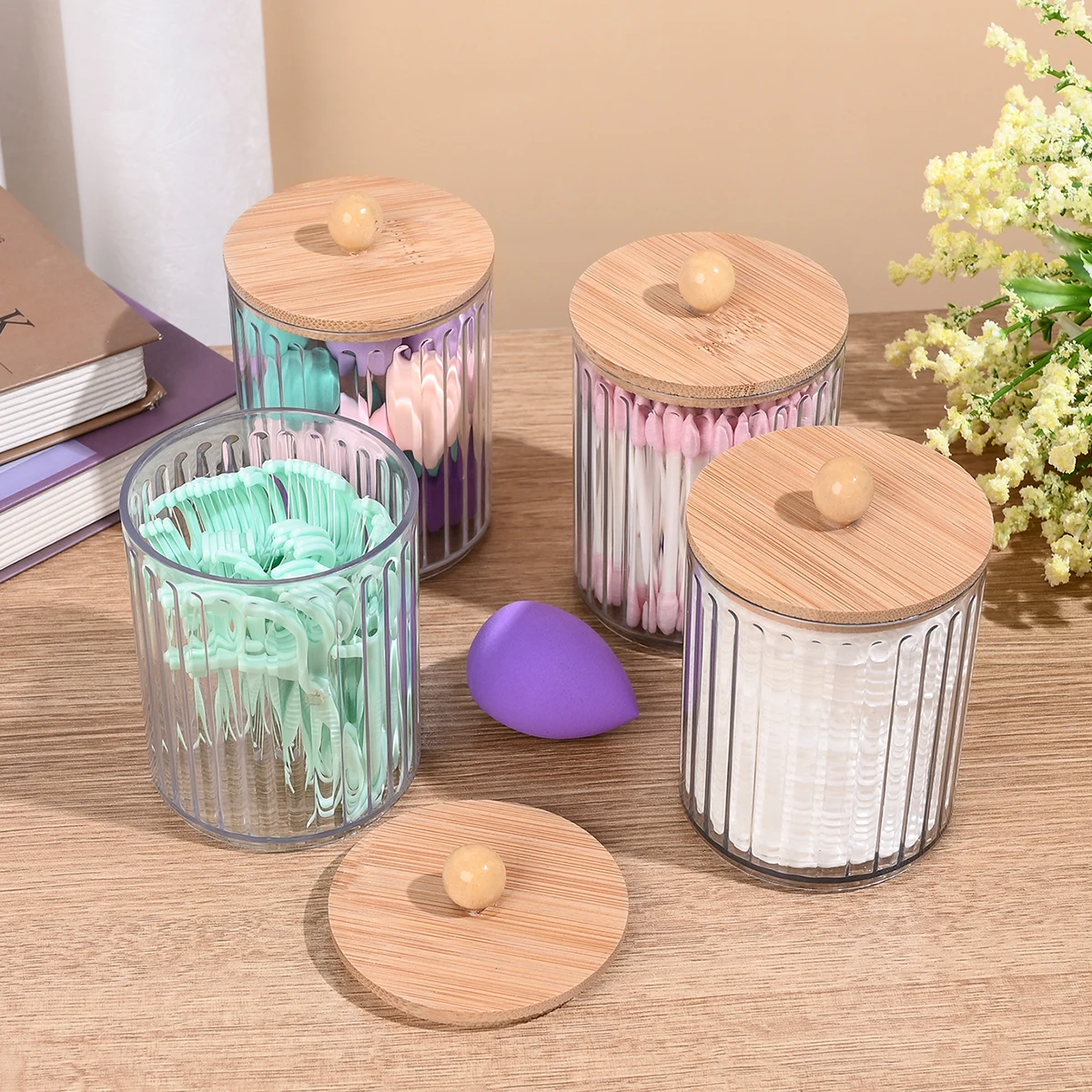 2pcs Qtip Holder Cotton Round Cotton Swabs Makeup Round Pads Dispenser Bathroom Vanrity Apothecary Jard with Lid and Bamboo Tray