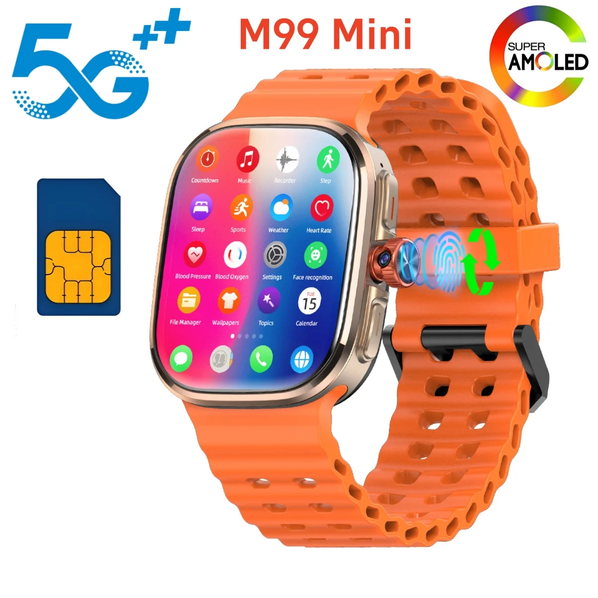 M99 Mini Smartwatch 5G Android 13.0 2.29'' Amoled Display Smart Watch With 800W Pull-out Camera Face/Fingerprint Unlock Sim Card