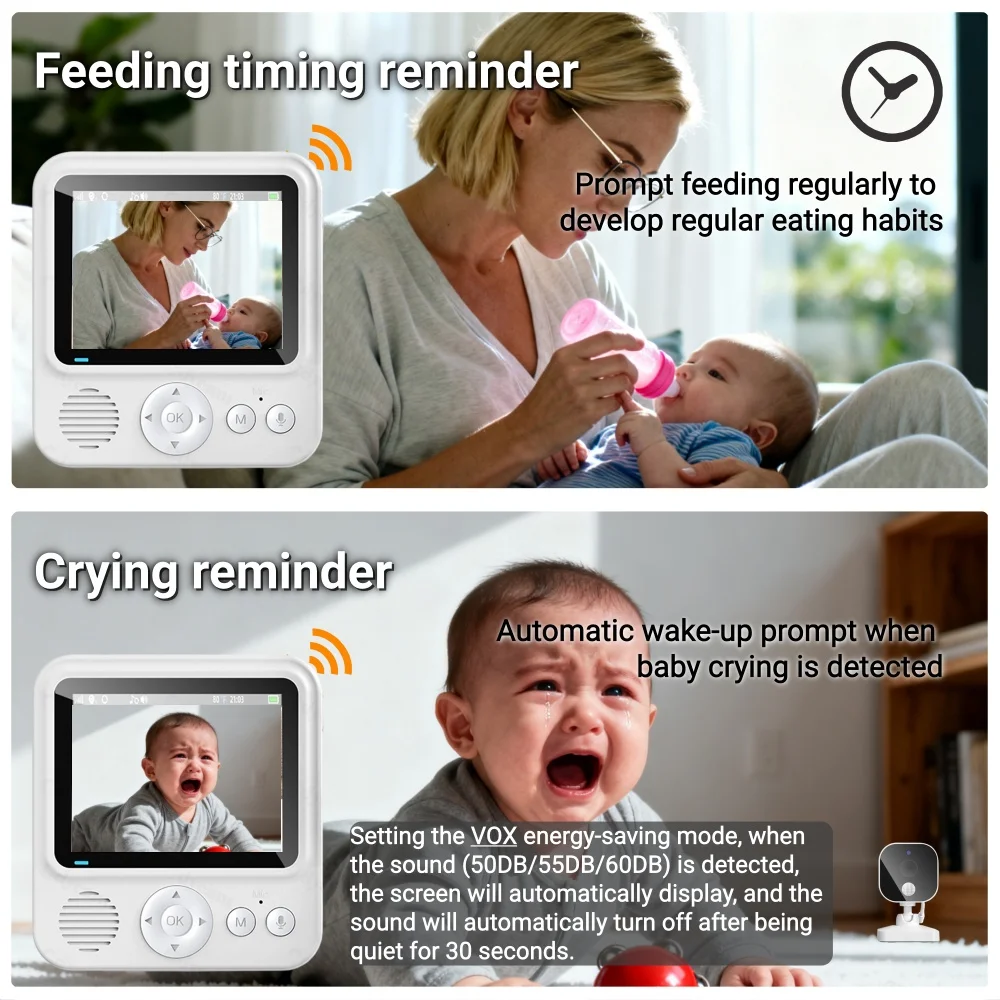 Monitor de bebê sem fio, 2.8 polegadas, vídeo hd, visão noturna, monitoramento de temperatura, áudio bidirecional, lembrete de temporização, câmera de segurança