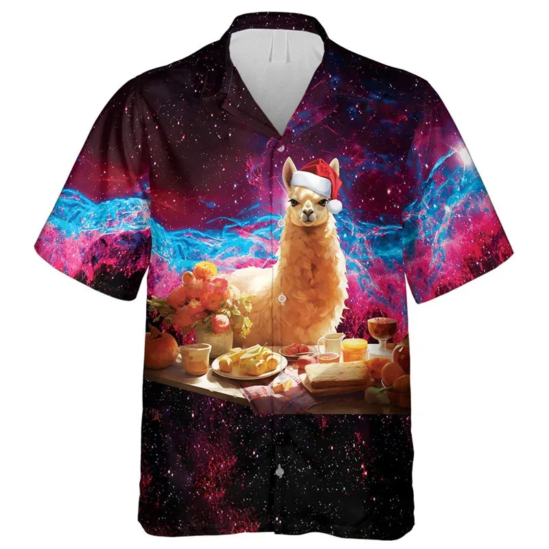 Alpaca Graphic Hawaiian Shirt Men Funny Animal Galaxy 3D Print Blouse Summer Button T-Shirt Short Sleeve Aloha Shirts Lapel Tops