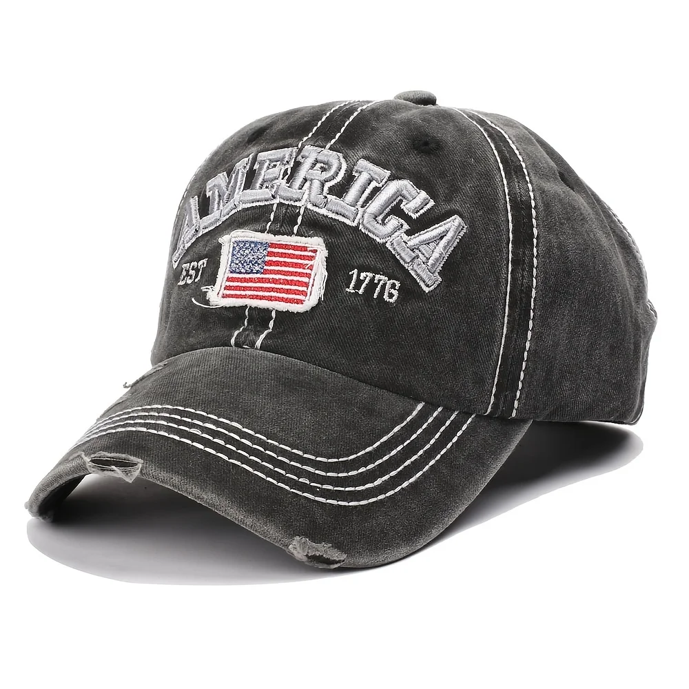 Vintage Embroidered Lettering Baseball Cap, 100% Distressed Washed Hat with American Flag Patch
