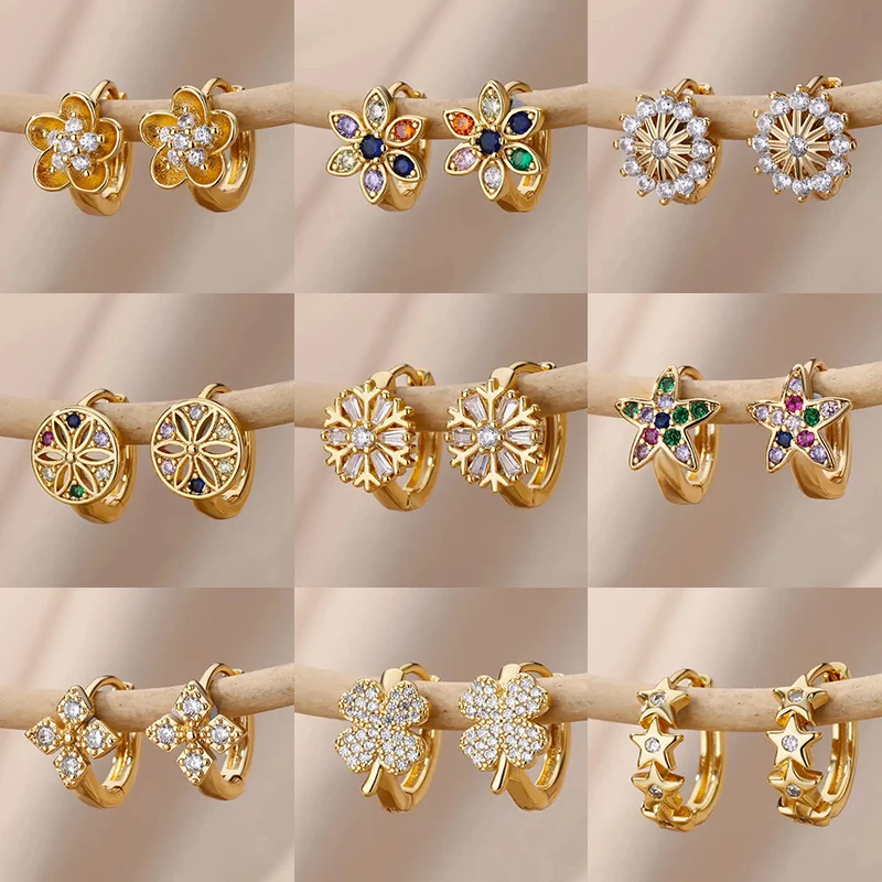 Zircon Snowflake Earrings For Women Gold Plated Stainless Steel Flower Geometric Hoop Earring Aesthetic Luxury Wedding Jewerly