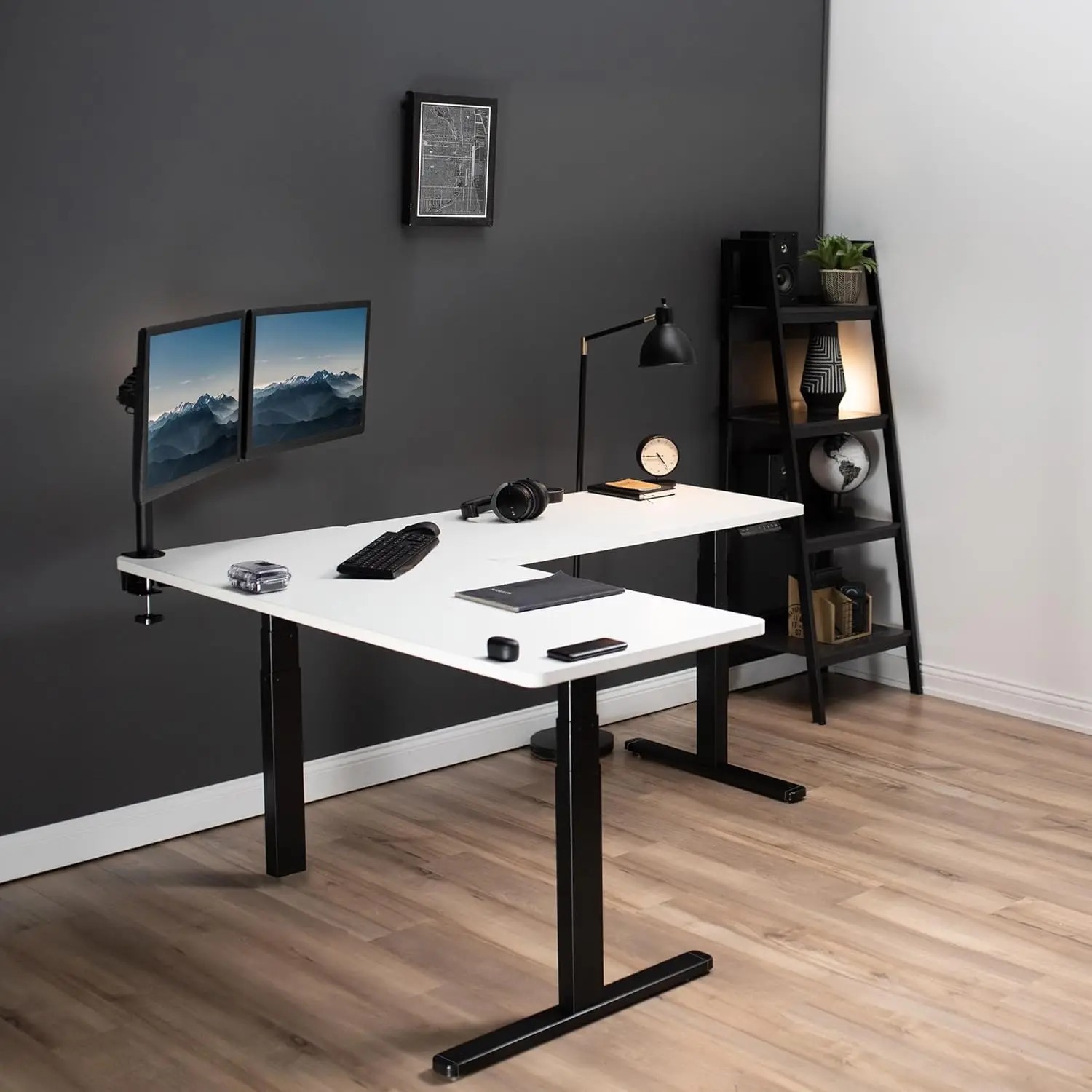 Electric Height Adjustable 83 x 60 inch Corner Stand Up Desk 2 White Solid Table Tops Black Frame L-Shaped Workstation