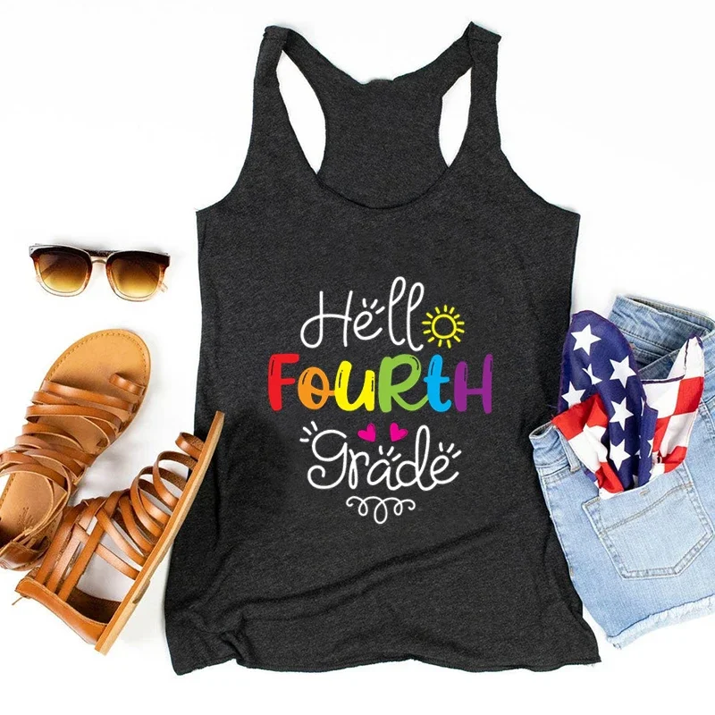 

Back To School Tank Top Hello Fourth Grade White Top Season First Day of Class Tank Tops Teacher Vintage