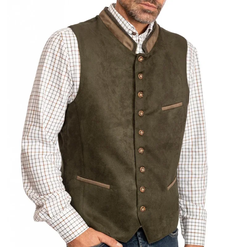

Men Vest Army Green Splicing Pockets For Wedding With Collar Casual Business Waistcoat Groomsmen Banquet Work Set Men Vest