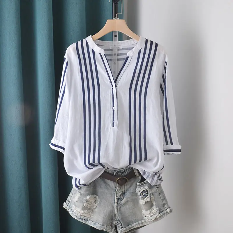 Irregular V-neck Slimming Vertical Stripe Pullover Short Sleeve T-shirt for Women\'s Summer Artistic Cotton Linen Loose Shirt Top