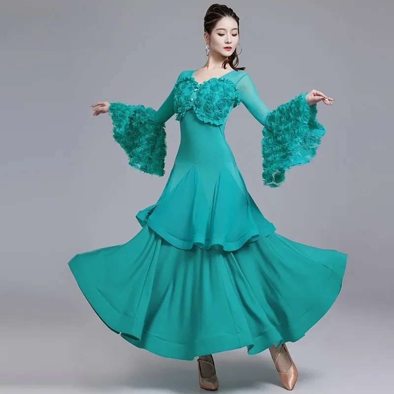 customized Modern Dance Dress National Standard Waltz Friendship Dance Professional Competition Performance 3D Flower Dress