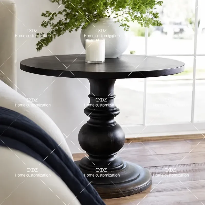 French black retro dining table round coffee table balcony single leg solid wood coffee table