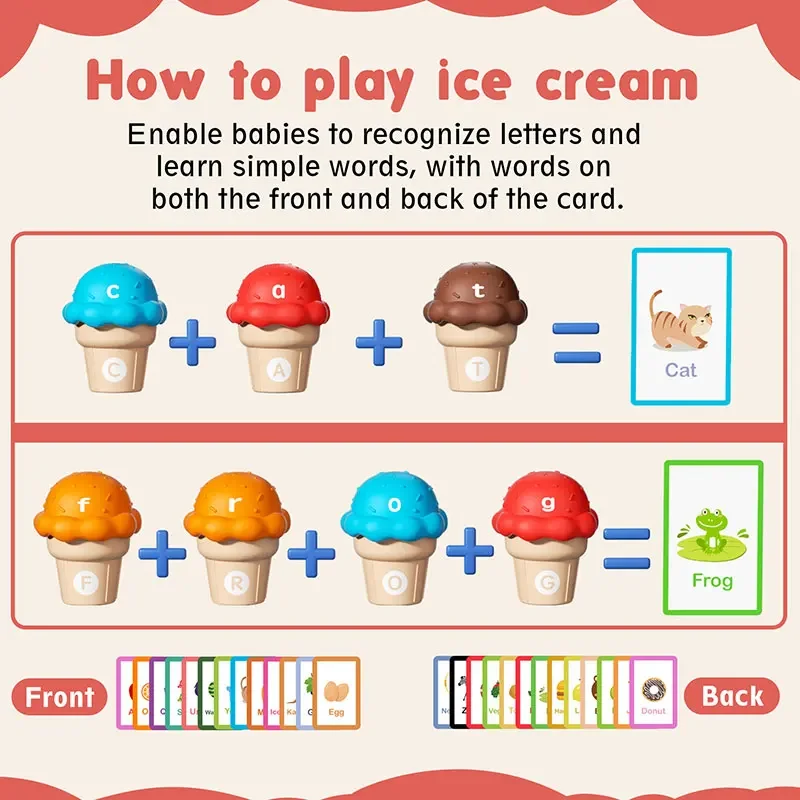 Alphabet Spelling Learning Toys Ice Cream Counting and Color Sorting Toy Set for Preschool Kids Education Toy Christmas Gifts