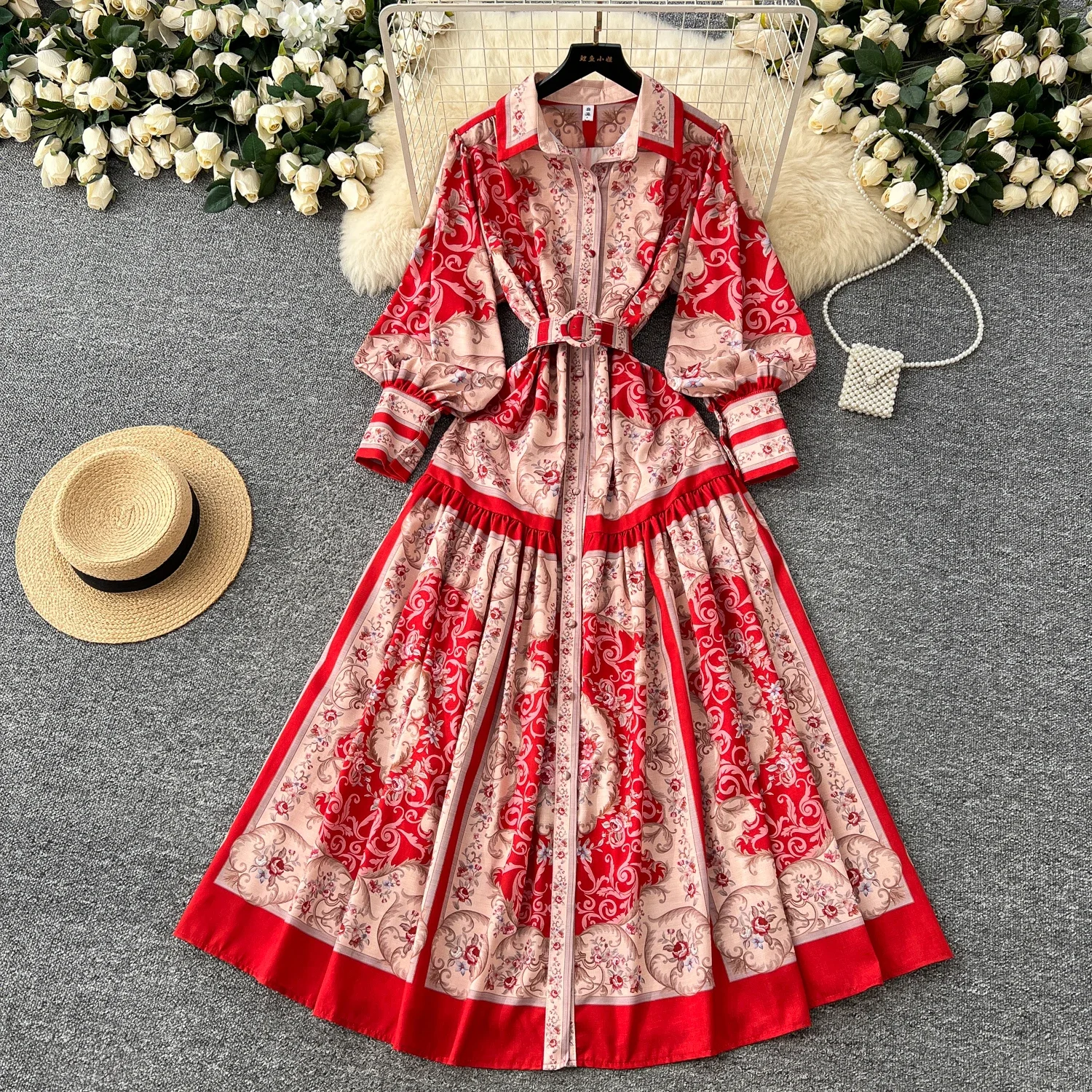 

Винтажное однобортное элегантное платье с пышными рукавами и принтом, повседневное платье трапециевидной формы с поясом, женская летняя весенняя женская одежда