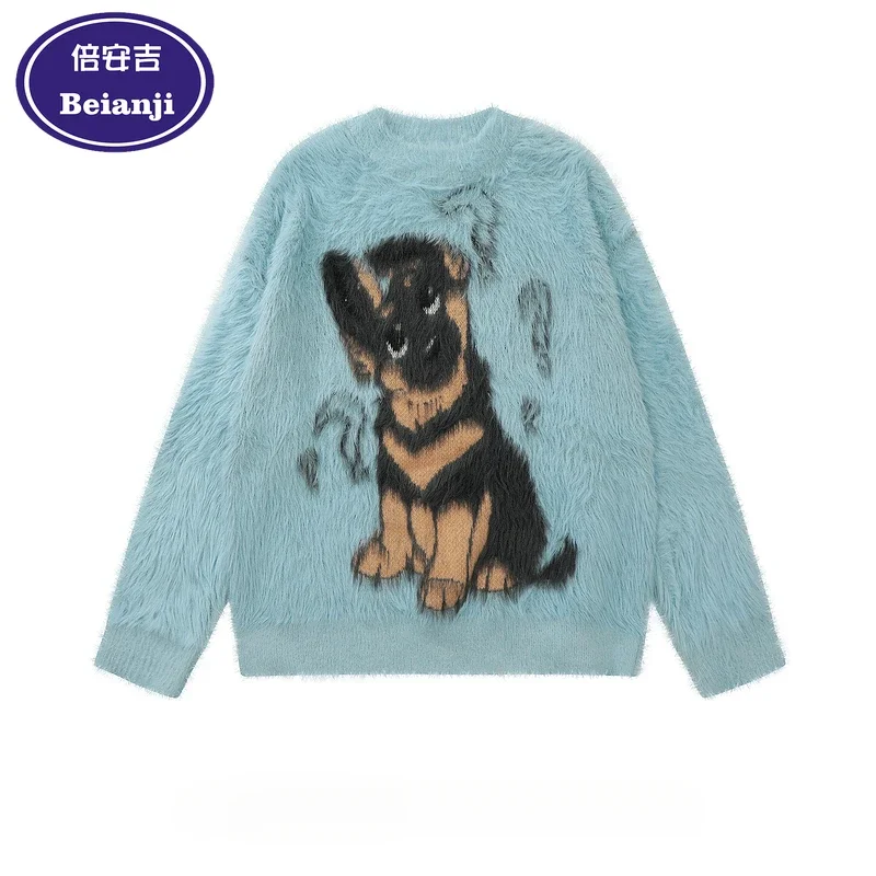 Beianji men's sweater ins American puppy jacquard lazy style thickened winter oversize soft waxy sweater