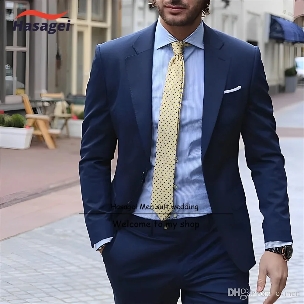 Navy Elegant Men\'s Suit Business Formal Work Wear Slim Fit Pants Jacket 2 Piece Set Groom Wedding Tuxedo