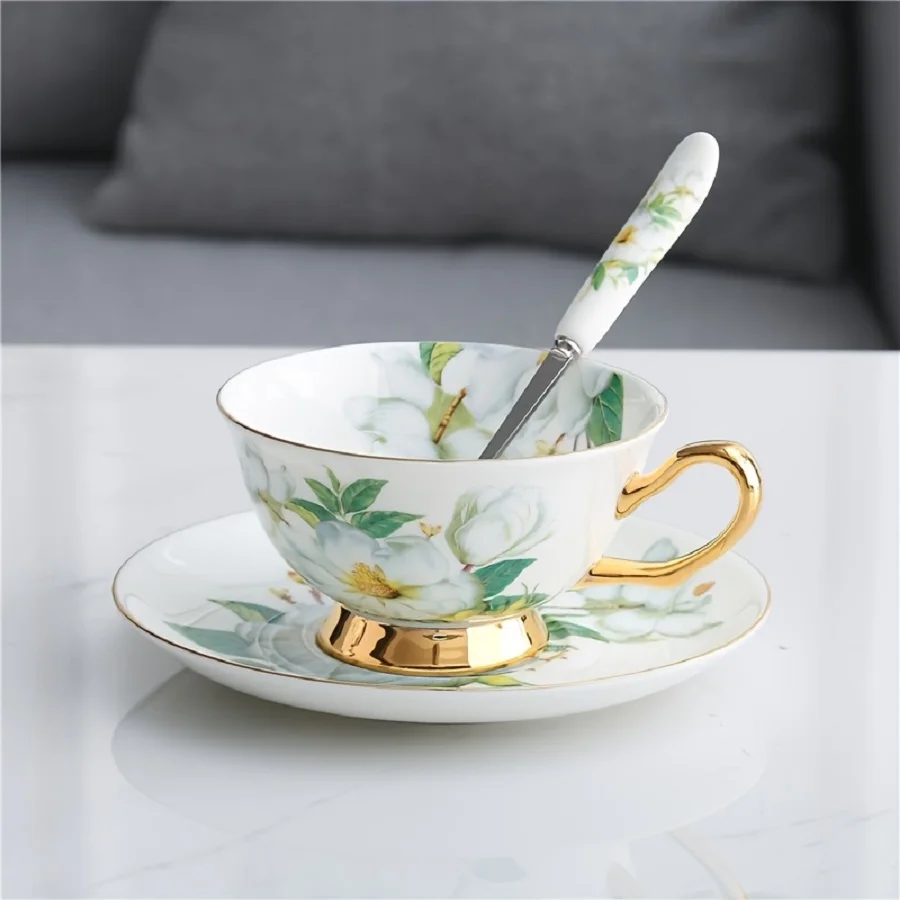 

1set Pastoral Ceramic Tea Cup Set with Saucer and Spoon-6.76oz-Perfect for Teatime and Coffee-Porcelain Teacup and Cafe Cup