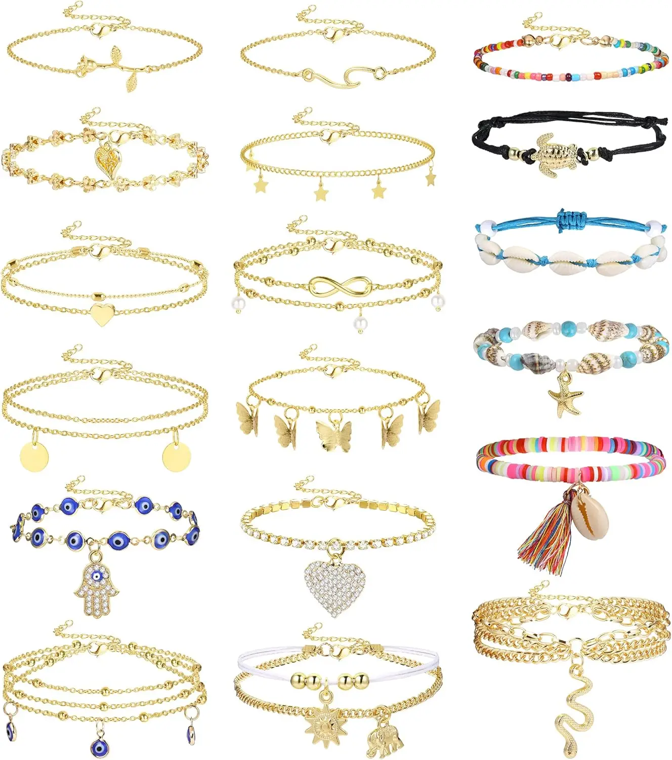 Florideco  Ankle Bracelets for Women, Ankle Jewelry, Boho Butterfly Rhinestone Beaded  Charms Layered Anklet Set Adjustable