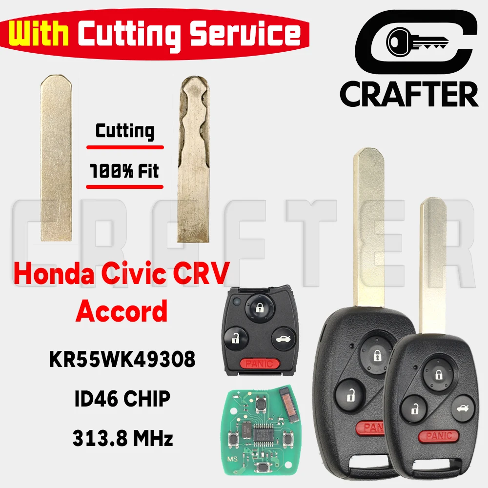 

Key Crafters KR55WK49308 ID46 CHIP 7941 313.8MHz Remote CarKey For Honda Civic Accord CRV City Jazz Odyssey With Cutting Service