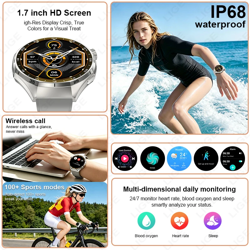 LIGE Outdoor Rugged Smart Watch 1000mAh Ultra Large Battery 1.7" HD Screen 100+ Sports Modes IP68 Waterproof Heart Rate Monitor