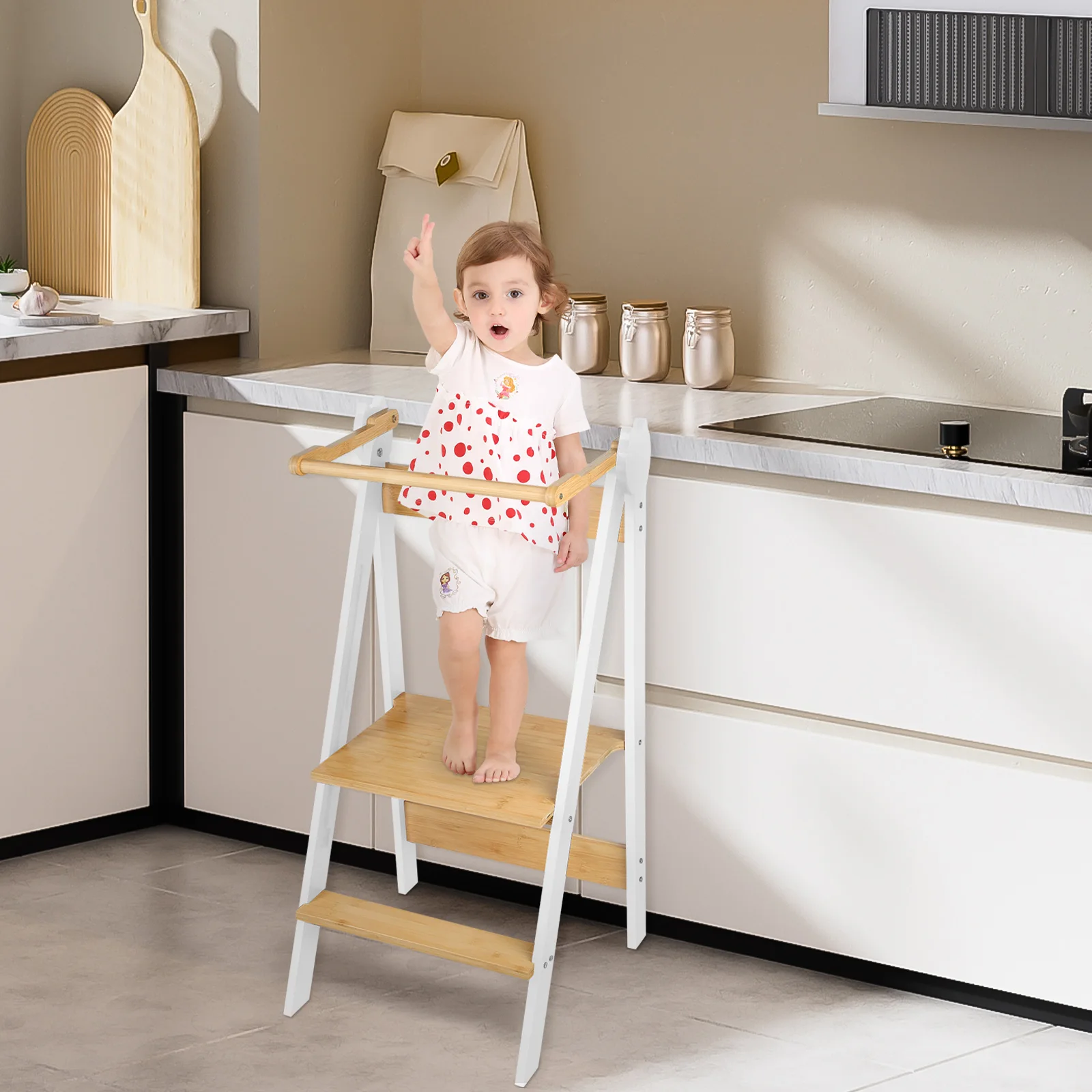 Torre Montessori plegable, altura ajustable en 3 niveles, fácil de montar, torre de observación Montessori de bambú, negro/blanco