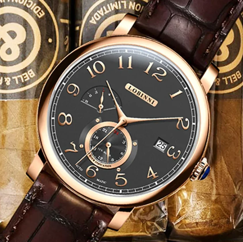 

LOBINNI мужские автоматические часы 42 мм механические наручные часы 5ATM водостойкий сапфир дата недели 24 часа кожаный ремешок