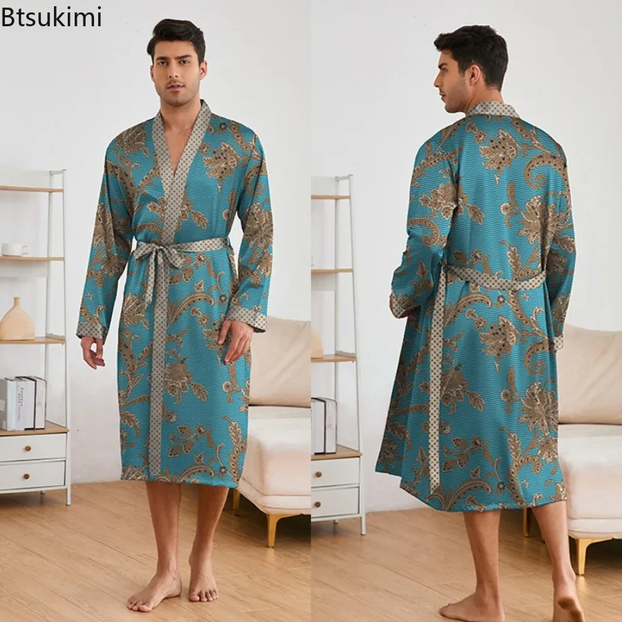 جديد الرجال طباعة رداء مجموعات ملابس خاصة كيمونو البشكير السراويل 2 قطعة مجموعات الصيف Homewear رداء طويل منامة الدانتيل يصل ثوب النوم الذكور #6