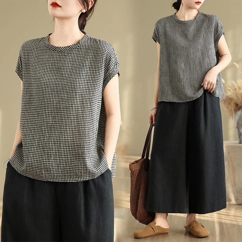 

Retro Sle Loose Fit Lightweight Svel Cotton Linen Blend irt Women's T-irt Thin Large Size Bla White Plaid Top