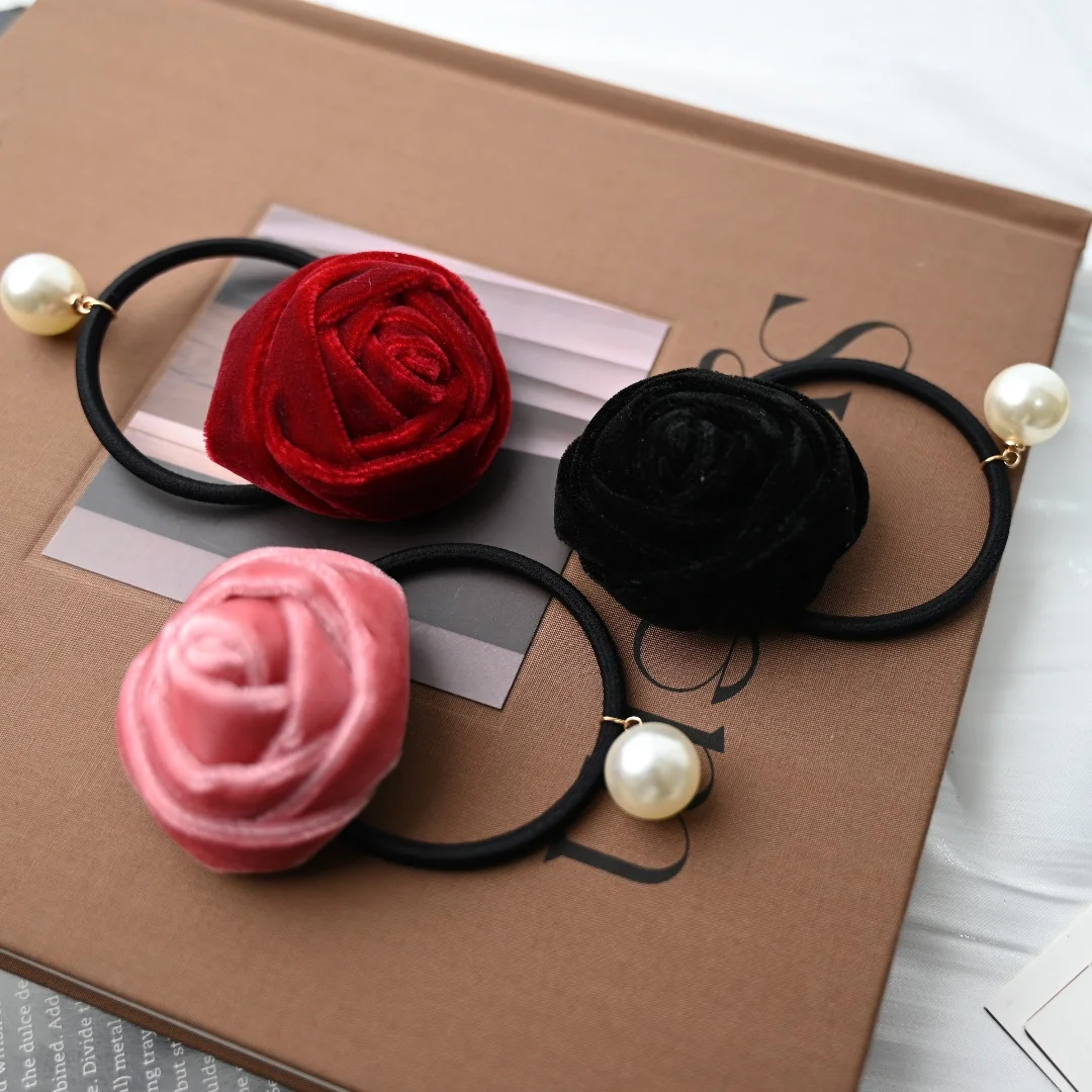 Red Velet Hair Rope Rose Hairties for Girls and Women Elastic Hair Ties Artificial Pearl Flower Pink Hair Accessories