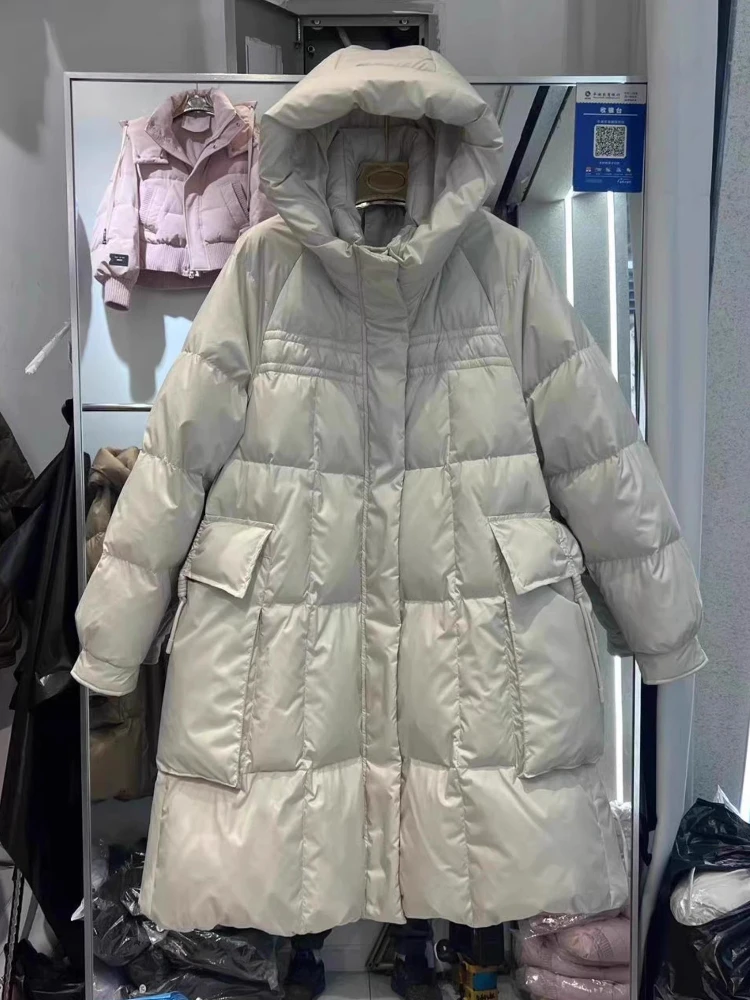 2025 inverno novo comprimento médio para baixo jaqueta feminina na altura do joelho com capuz solto grosso capa bolso grande pato branco para baixo jaqueta