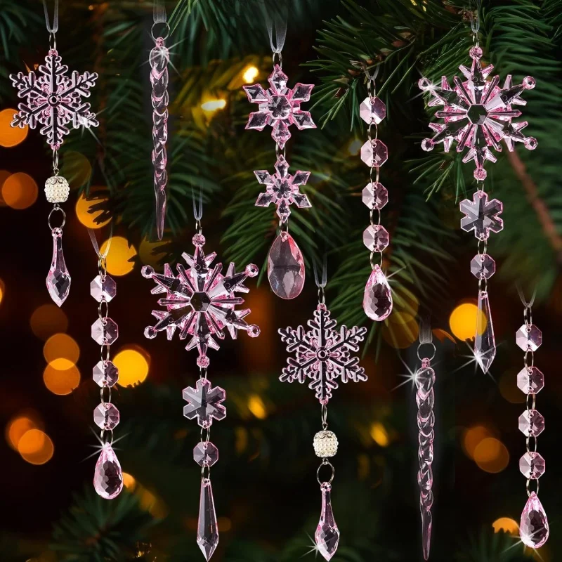 18 PCs Crystal Christmas Ornaments Hanging Acrylic Christmas Snowflake Icicle Drop Crystal Ornaments Christmas Tree Decorations