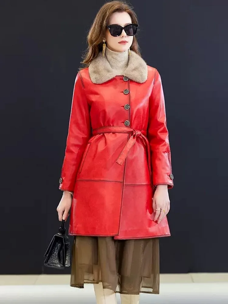 Winter Frauen Warme Echtes Leder Unten Jacke Nerz Pelz Kragen Weiche Schaffell Langen Mantel Mit Gürtel Slim Fit OL Arbeit Graben Mäntel