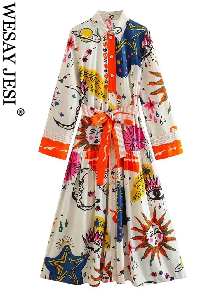 WESAY JESI TRAF Women Summer 2023 Bohemian Midi Dresses Printed Lace-Up Long Sleeve Single Breasted Female Loose Dress For Beach