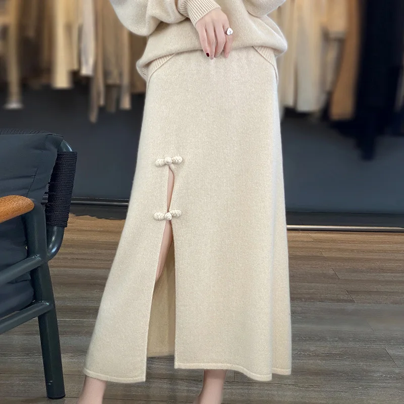 Women 100% Wool Skirt Autumn Winter Ankle-length Vent Skirt High Waisted Cashmere High End Thick A-Line Knit Wild Base Skirt