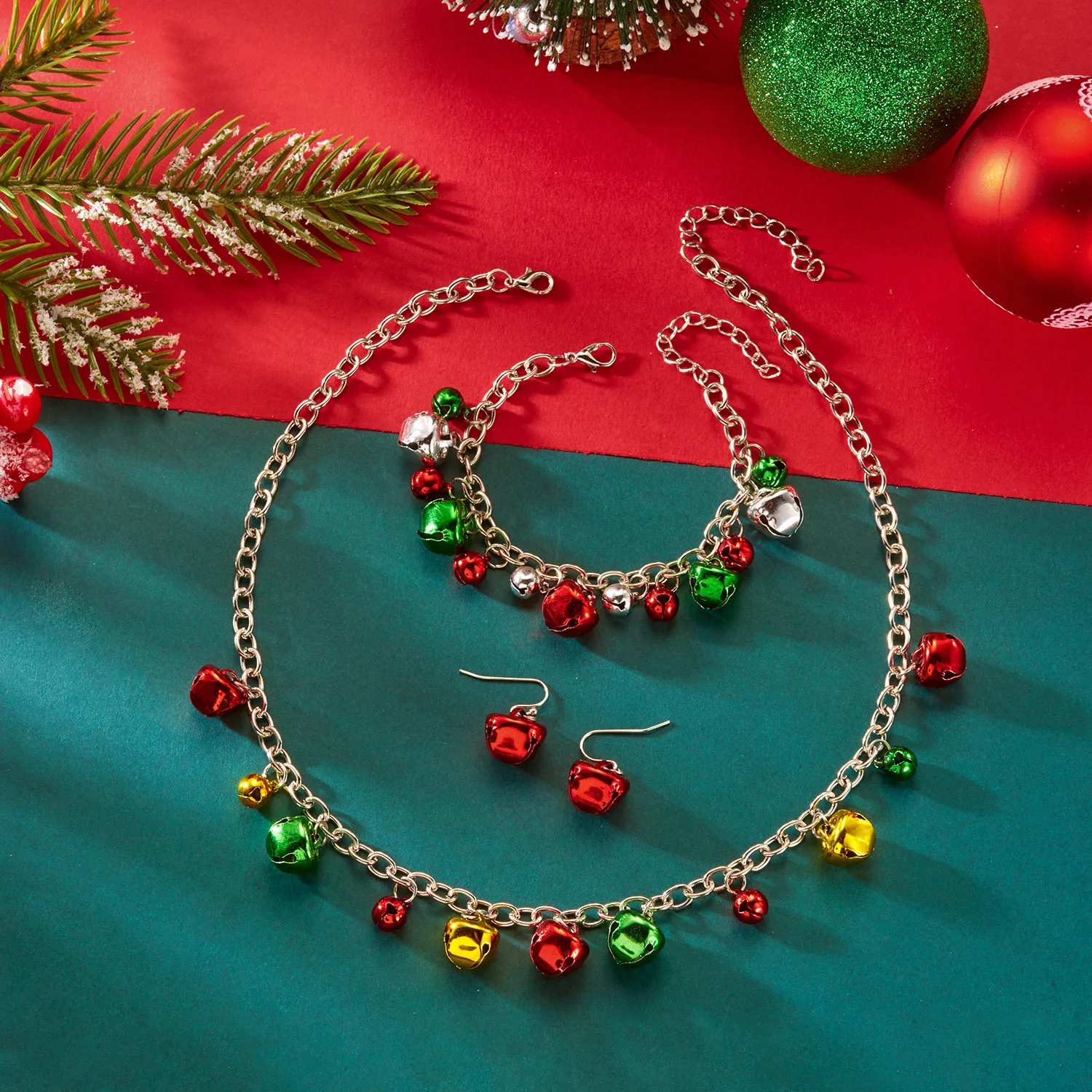 

Red Green Bells Jewelry Set for Women Christmas Exaggerated Necklace Bracelet and Earrings New Year Festival Holiday Party Gifts