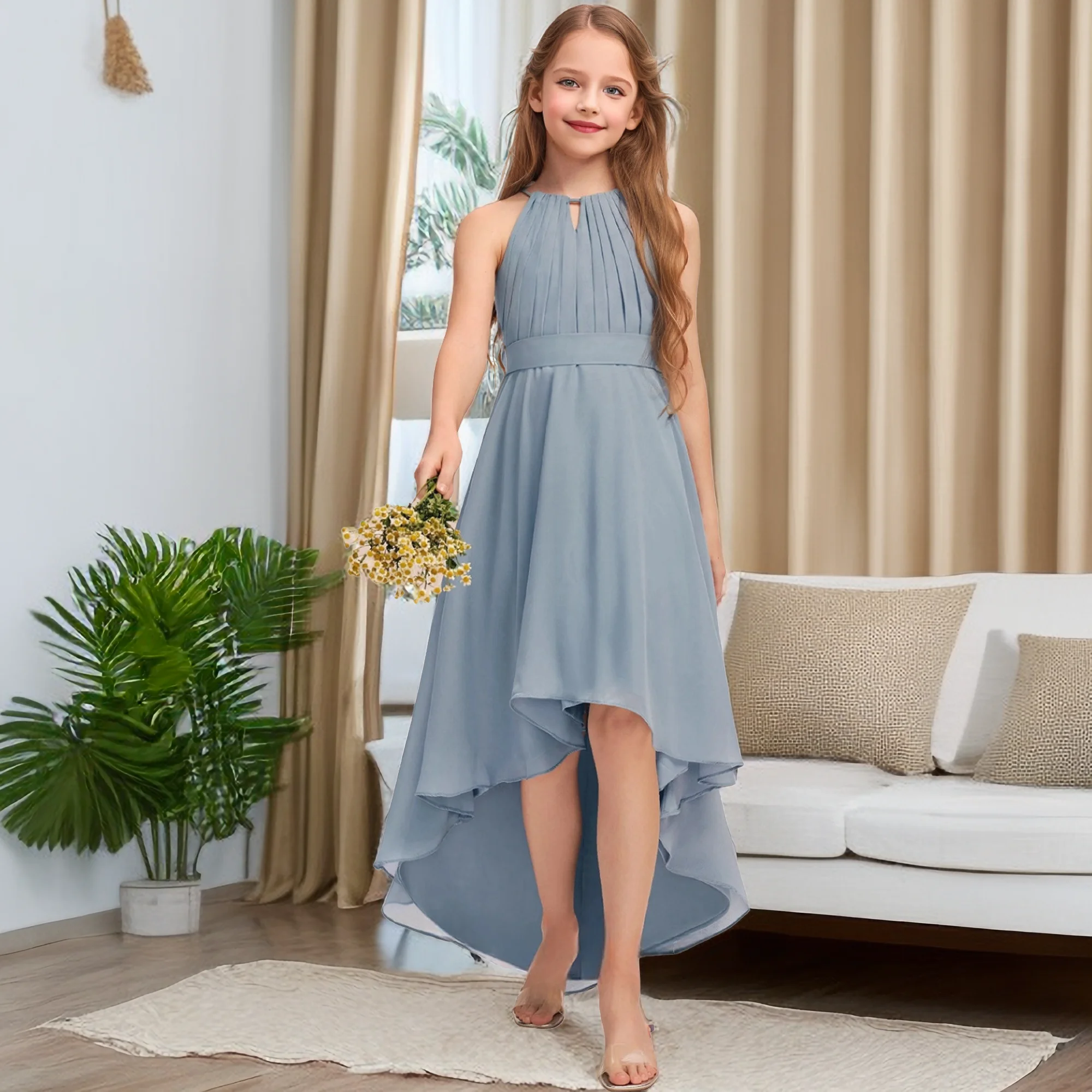 

High-Low Chiffon Junior Bridesmaid Dress Wedding Festivity Celebration Pageant Birthday Party Event Ball Gown Prom Night Banquet