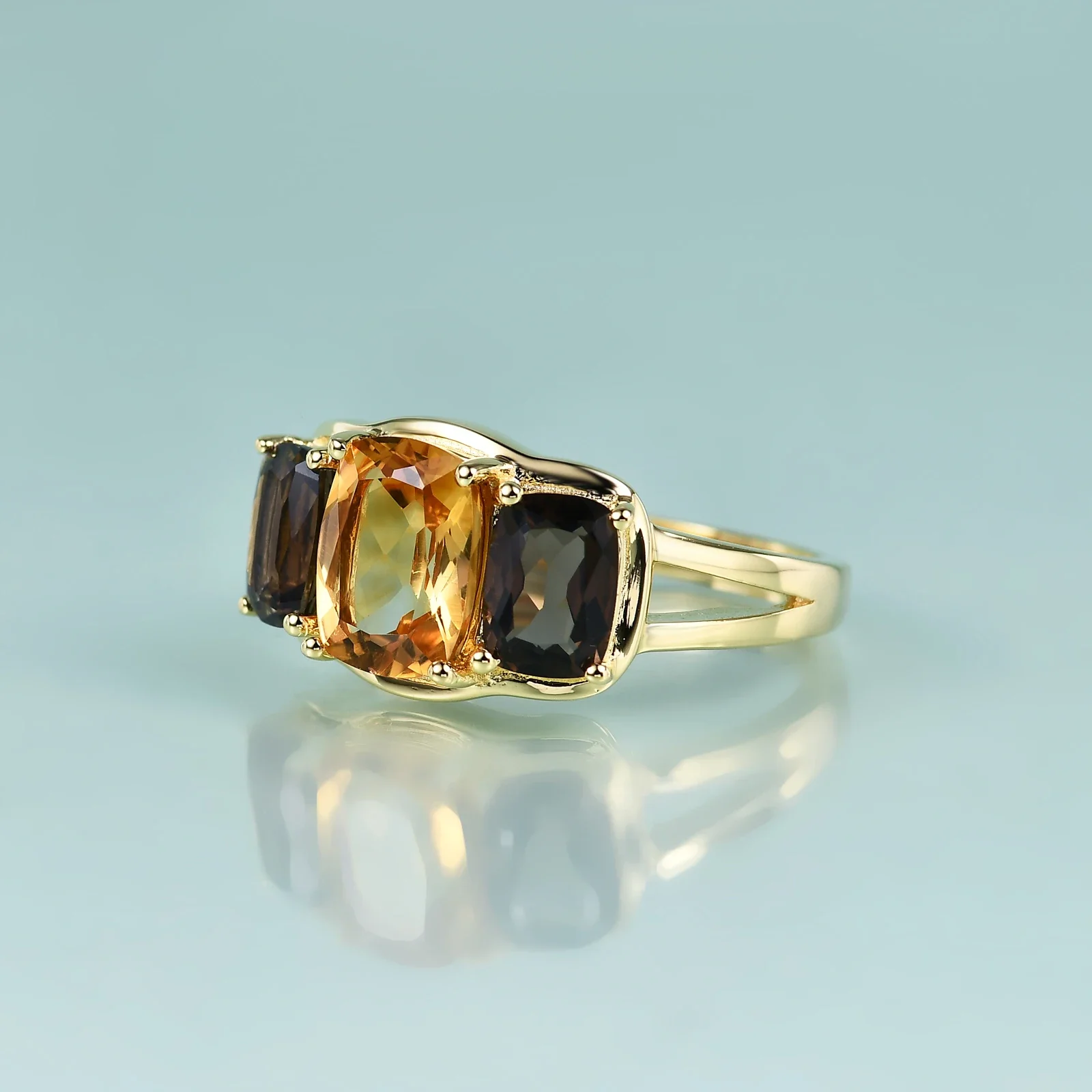 GEM\'S BALLET 925 Sterling Silver Natural Smoky Quartz Citrine Three-Stone Engagement Ring Gift For Her Trending Gold Jewelry