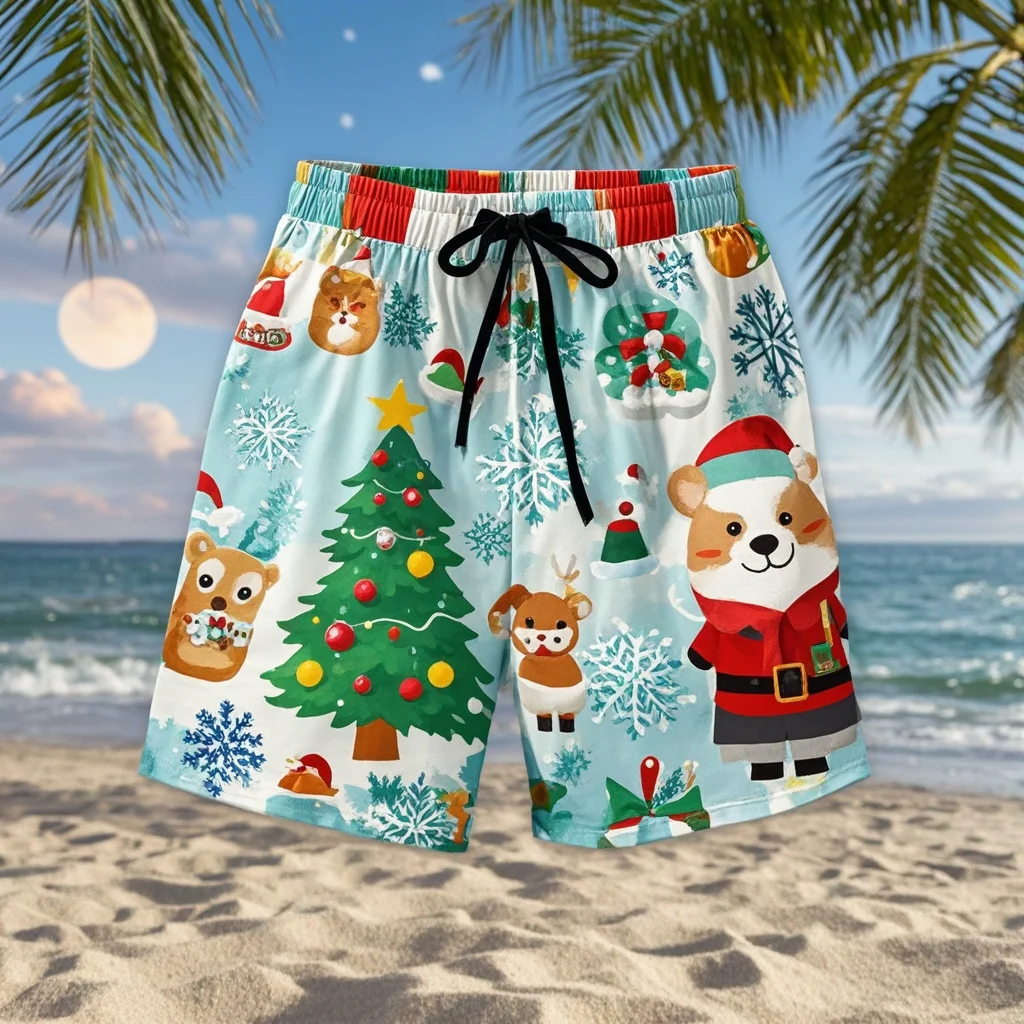 Fashion 3D Merry Christmas Graphic Beach Shorts Santa Claus Xmas Christmas Trees Graphic Swimming Shorts Men Funny Board Shorts