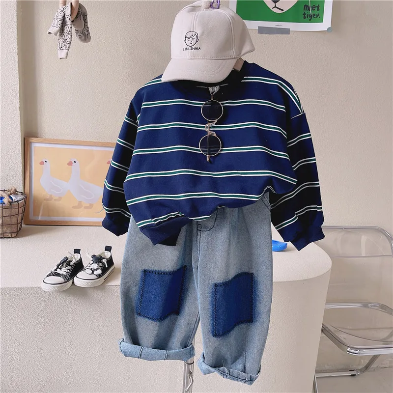 Spring and Autumn Children\'s Contrast Wide Leg Jeans Contrast Loose Relaxed Pants for Boys and Girls Jeans Baby Kids Trousers