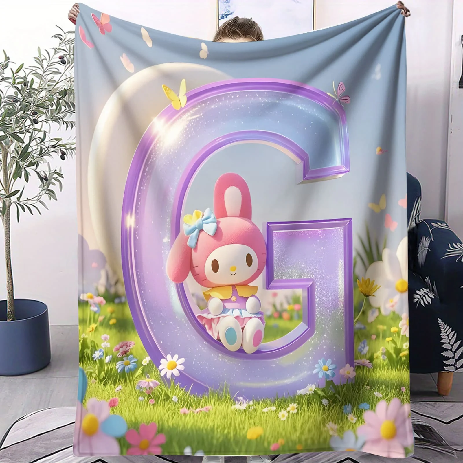 أرنب الأذن شخصية حرف G حقل زهرة بطانية قطيفة-غريب الأطوار لامعة Kawaii لينة رمي ل أريكة سرير ديكور المنزل هدية #1