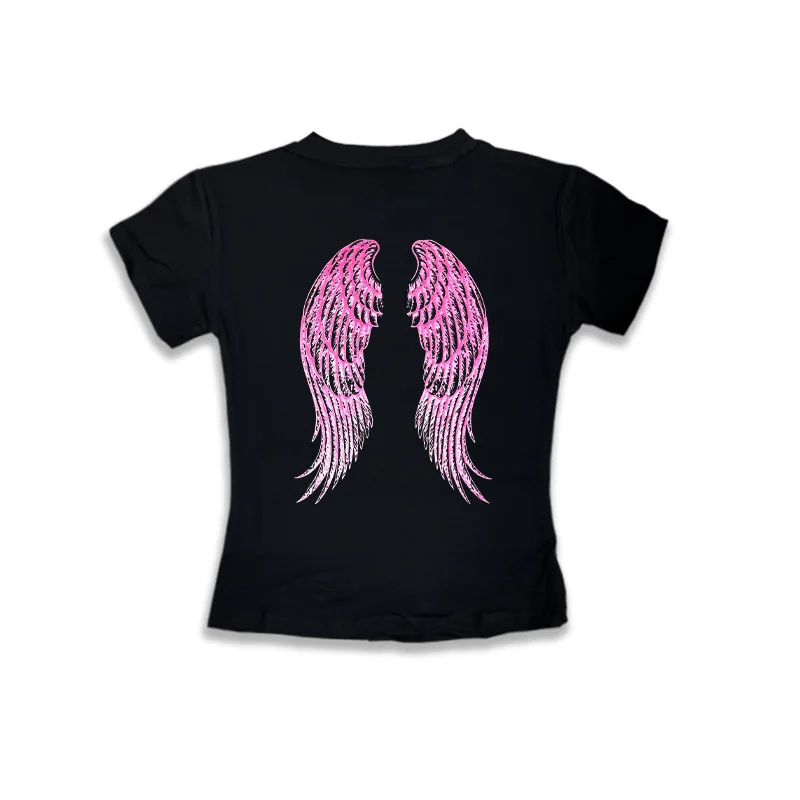 Y2k Angel Wings T Shirts Cool Women Harajuku Back Print Black Tops Summer American Retro Streetwear Short Sleeve Slim Tees New